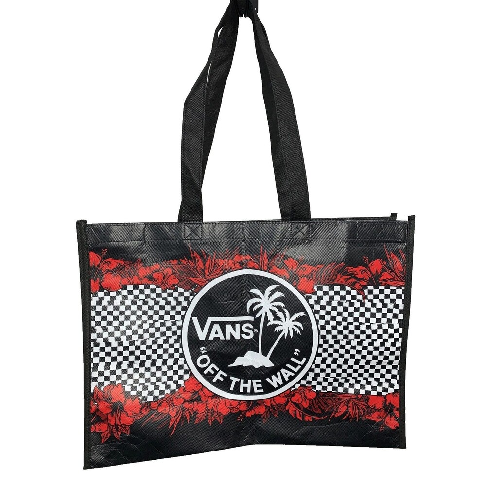 Vans Off The Wall Reusable Large Black Checked Red Floral Shopping Tote Bag NWOT